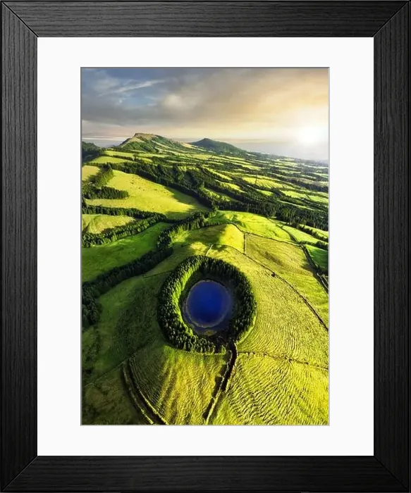Framed Print : Lake eye with green landscape near Sete Cidades in Azores, Portugal from drone at sunset Framed Print : Lake eye with green landscape near Sete Cidades in Azores, Portugal from drone at sunset