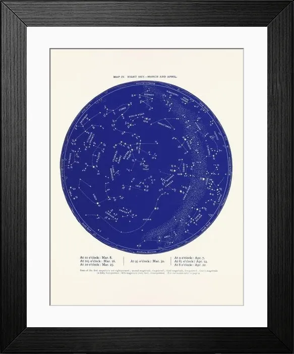 Framed Print : Constellations and Stars. Night Sky Map: March and April Framed Print : Constellations and Stars. Night Sky Map: March and April