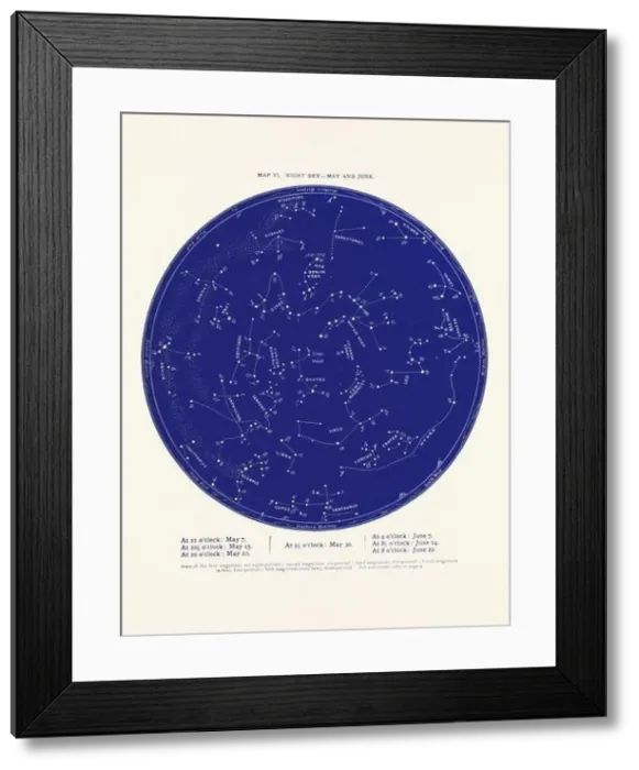 Framed Print : Constellations and Stars. Night Sky Map: May and June Framed Print : Constellations and Stars. Night Sky Map: May and June