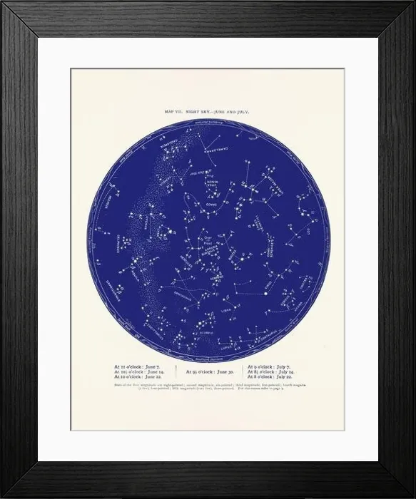 Framed Print : Constellations and Stars. Night Sky Map: June and July Framed Print : Constellations and Stars. Night Sky Map: June and July