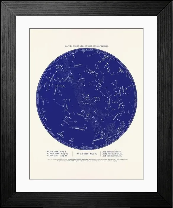 Framed Print : Constellations and Stars. Night Sky Map: August and September Framed Print : Constellations and Stars. Night Sky Map: August and September