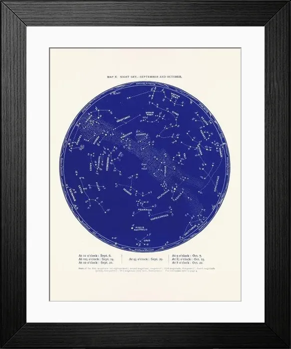 Framed Print : Constellations and Stars. Night Sky Map: September and October Framed Print : Constellations and Stars. Night Sky Map: September and October