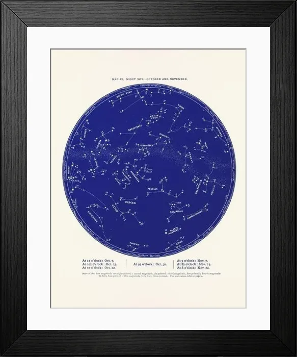 Framed Print : Constellations and Stars. Night Sky Map: October and November Framed Print : Constellations and Stars. Night Sky Map: October and November