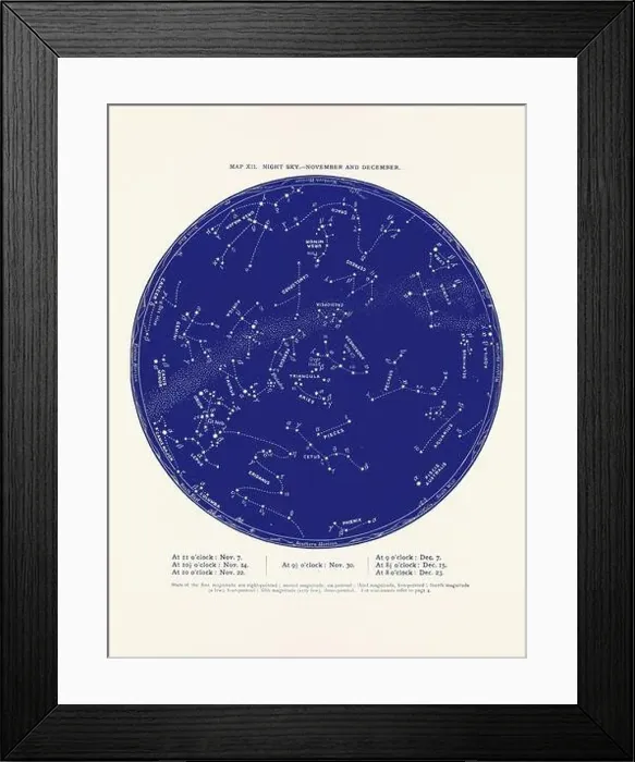 Framed Print : Constellations and Stars. Night Sky Map: November and December Framed Print : Constellations and Stars. Night Sky Map: November and December