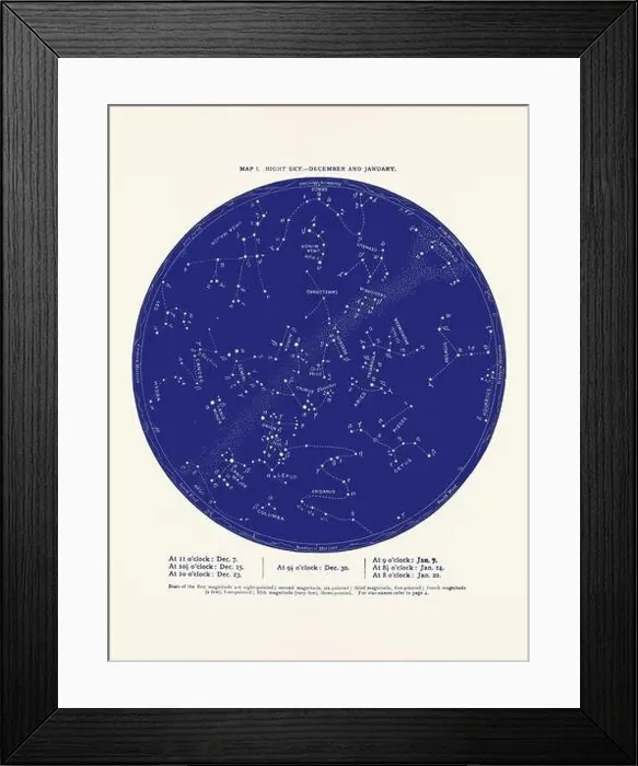 Framed Print : Constellations and Stars. Night Sky Map: December and January Framed Print : Constellations and Stars. Night Sky Map: December and January