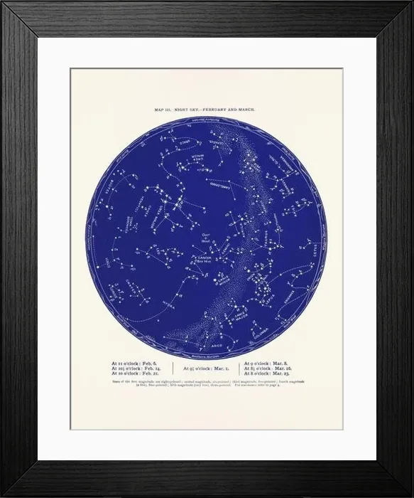 Framed Print : Constellations and Stars. Night Sky Map: February and March Framed Print : Constellations and Stars. Night Sky Map: February and March