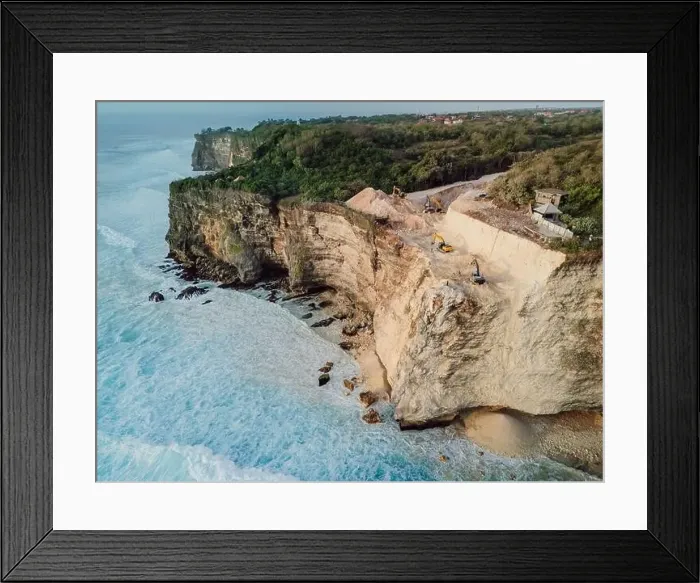 Framed Print : Development construction in Uluwatu, Bali. The work of escalators destruction of the rock Framed Print : Development construction in Uluwatu, Bali. The work of escalators destruction of the rock