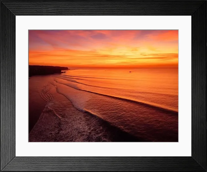 Framed Print : Amazing warm sunset or sunrise and ocean with silhouette of perfect waves in Bali