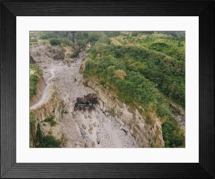 Framed Print : Aerial top view of sand and stone mine quarry in Merapi mountain, Yogyakarta, Indonesia Framed Print : Aerial top view of sand and stone mine quarry in Merapi mountain, Yogyakarta, Indonesia