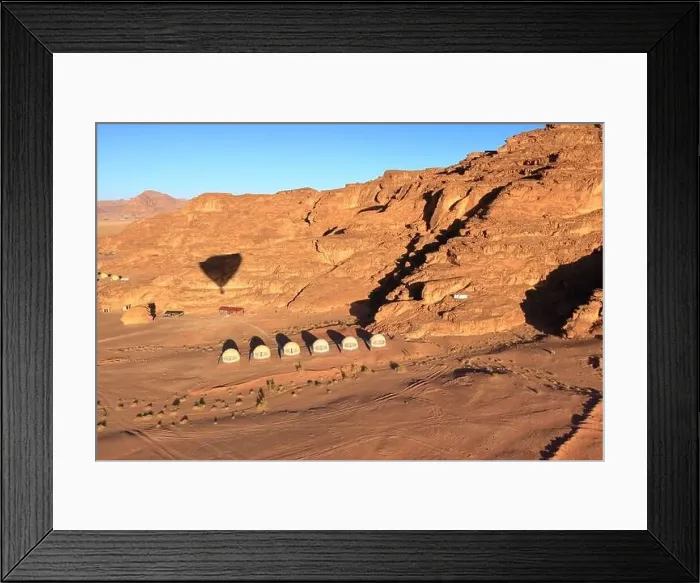 Framed Print : Tourist camp in Wadi Rum desert in Jordan, seen from a balloon Framed Print : Tourist camp in Wadi Rum desert in Jordan, seen from a balloon