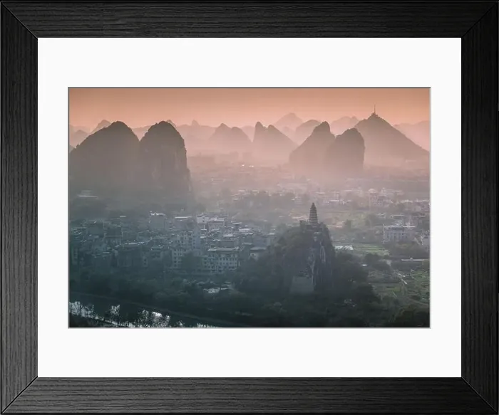 Framed Print : Drone Sunset View of Guilin, Li River and Karst mountains, Guilin city, Guangxi, province, China Framed Print : Drone Sunset View of Guilin, Li River and Karst mountains, Guilin city, Guangxi, province, China