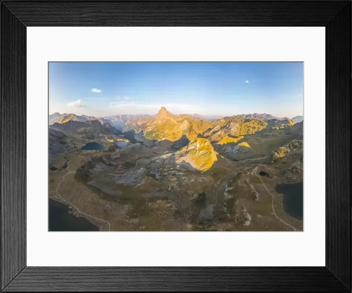 Framed Print : From above, an aerial view captures the majestic Lacs d'Ayous in the French Pyrenees during sunrise