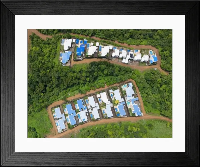 Framed Print : Residential houses with pools in nature background aerial above top view Framed Print : Residential houses with pools in nature background aerial above top view