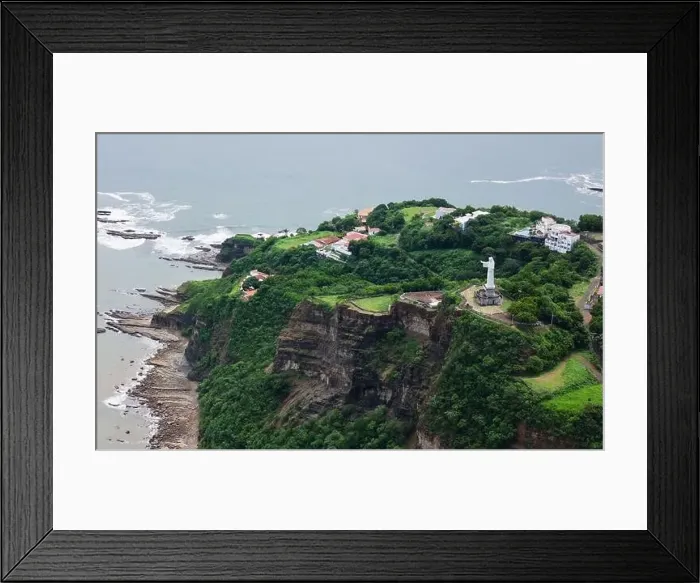 Framed Print : White jesus sculpture in san Juan del sur town aerial drone view Framed Print : White jesus sculpture in san Juan del sur town aerial drone view