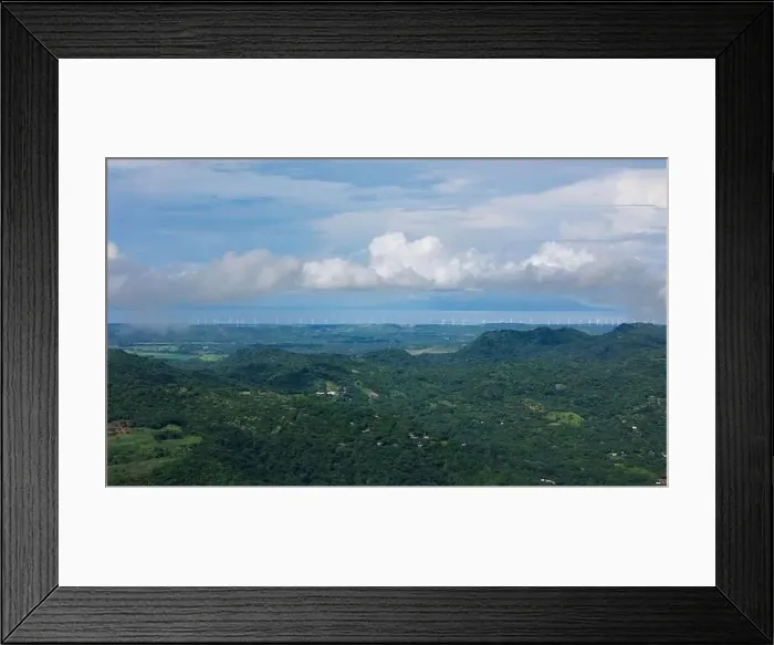 Framed Print : Many windmills next tol lake on green mountain landscape aerial drone view Framed Print : Many windmills next tol lake on green mountain landscape aerial drone view