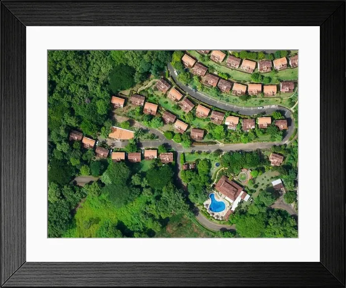 Framed Print : Villa residential with big club pool in tropical above top view Framed Print : Villa residential with big club pool in tropical above top view