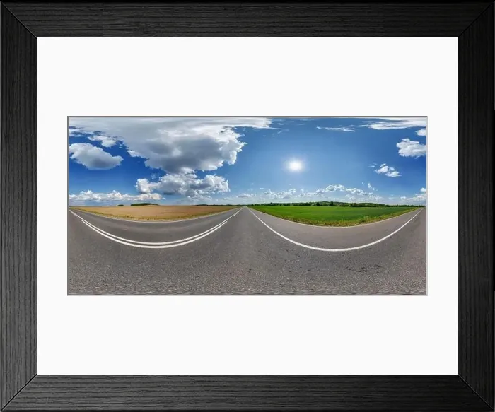 Framed Print : spherical 360 hdri panorama on old asphalt road with clouds and sun on blue sky in equirectangular seamless projection Framed Print : spherical 360 hdri panorama on old asphalt road with clouds and sun on blue sky in equirectangular seamless projection