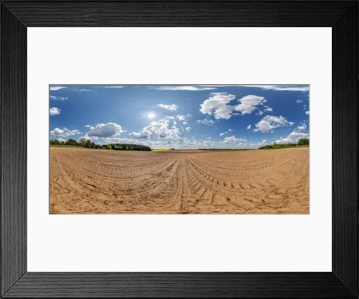 Framed Print : 360 hdri panorama view on no traffic gravel dirt muddy road among fields in spring day with beautiful clouds in blue Framed Print : 360 hdri panorama view on no traffic gravel dirt muddy road among fields in spring day with beautiful clouds in blue