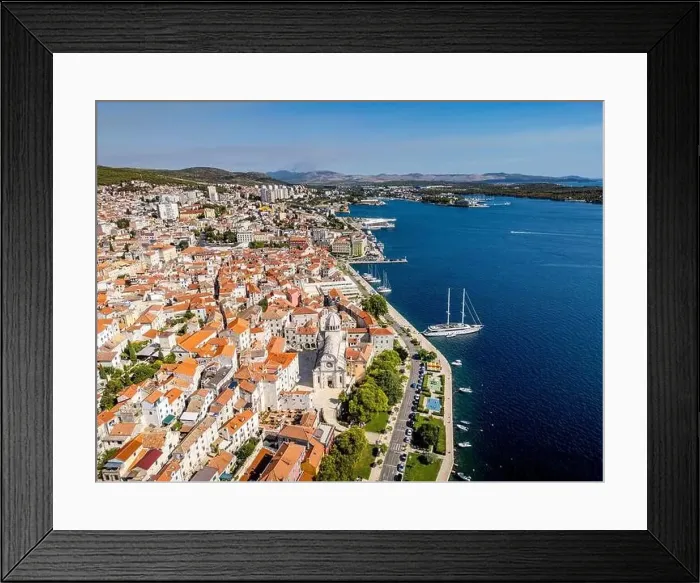 Framed Print : Sibenik, Croatia - July 31, 2024: Aerial view of Sibenik City with St James Cathedral in Croatia Framed Print : Sibenik, Croatia - July 31, 2024: Aerial view of Sibenik City with St James Cathedral in Croatia