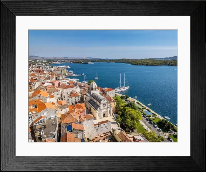 Framed Print : Sibenik, Croatia - July 31, 2024: Aerial view of Sibenik City with St James Cathedral in Croatia