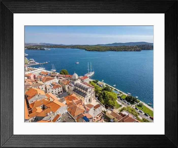 Framed Print : Sibenik, Croatia - July 31, 2024: Aerial view of Sibenik City with St James Cathedral in Croatia Framed Print : Sibenik, Croatia - July 31, 2024: Aerial view of Sibenik City with St James Cathedral in Croatia