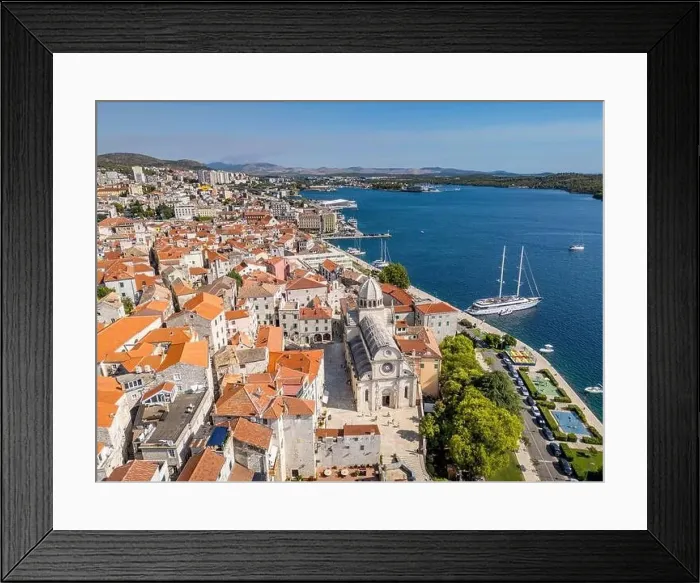 Framed Print : Sibenik, Croatia - July 31, 2024: Aerial view of Sibenik City with St James Cathedral in Croatia Framed Print : Sibenik, Croatia - July 31, 2024: Aerial view of Sibenik City with St James Cathedral in Croatia