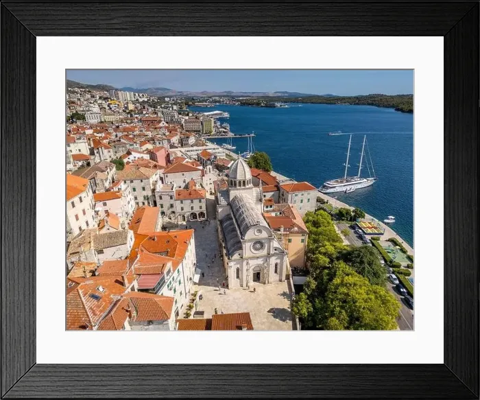 Framed Print : Sibenik, Croatia - July 31, 2024: Aerial view of Sibenik City with St James Cathedral in Croatia Framed Print : Sibenik, Croatia - July 31, 2024: Aerial view of Sibenik City with St James Cathedral in Croatia
