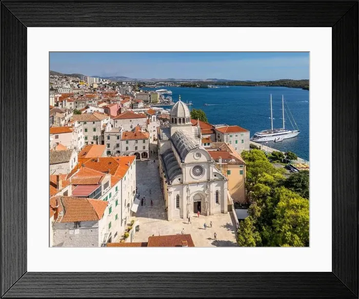 Framed Print : Sibenik, Croatia - July 31, 2024: Aerial view of Sibenik City with St James Cathedral in Croatia Framed Print : Sibenik, Croatia - July 31, 2024: Aerial view of Sibenik City with St James Cathedral in Croatia