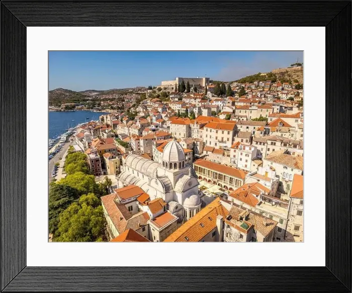 Framed Print : Sibenik, Croatia - July 31, 2024: Aerial view of Sibenik City with St James Cathedral in Croatia Framed Print : Sibenik, Croatia - July 31, 2024: Aerial view of Sibenik City with St James Cathedral in Croatia