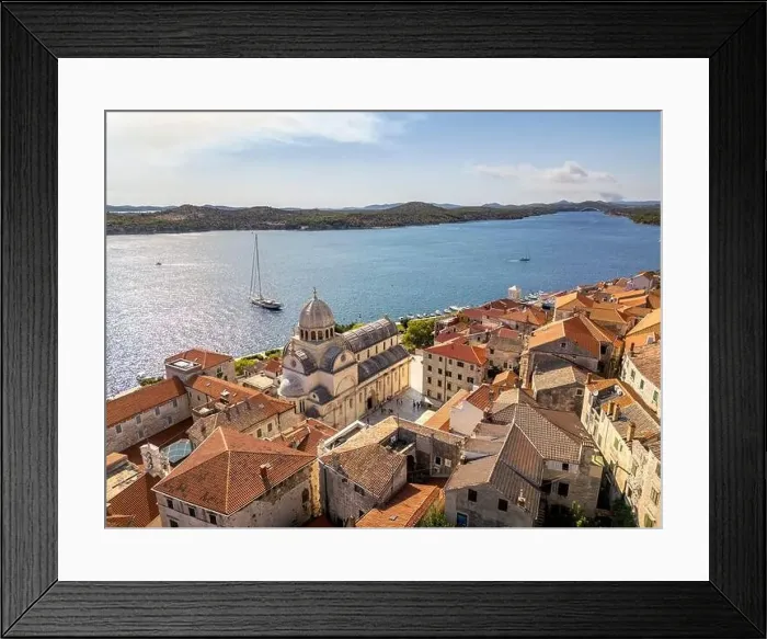 Framed Print : Sibenik, Croatia - July 31, 2024: Aerial view of Sibenik City with St James Cathedral in Croatia Framed Print : Sibenik, Croatia - July 31, 2024: Aerial view of Sibenik City with St James Cathedral in Croatia