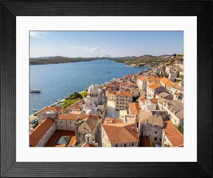 Framed Print : Sibenik, Croatia - July 31, 2024: Aerial view of Sibenik City with St James Cathedral in Croatia Framed Print : Sibenik, Croatia - July 31, 2024: Aerial view of Sibenik City with St James Cathedral in Croatia