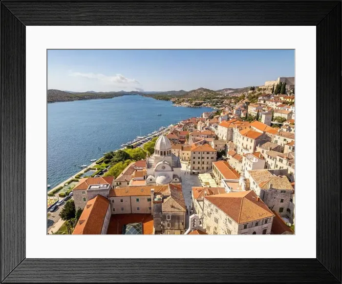 Framed Print : Sibenik, Croatia - July 31, 2024: Aerial view of Sibenik City with St James Cathedral in Croatia