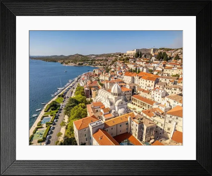 Framed Print : Sibenik, Croatia - July 31, 2024: Aerial view of Sibenik City with St James Cathedral in Croatia Framed Print : Sibenik, Croatia - July 31, 2024: Aerial view of Sibenik City with St James Cathedral in Croatia