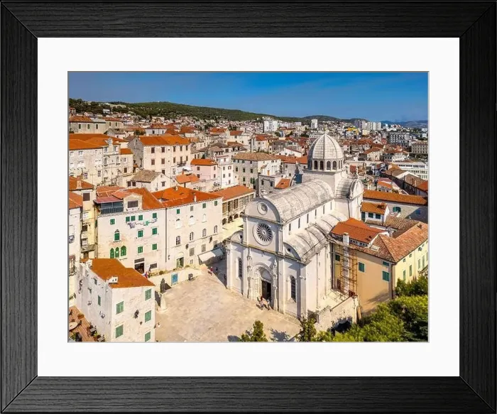 Framed Print : Sibenik, Croatia - July 31, 2024: Aerial view of Sibenik City with St James Cathedral in Croatia