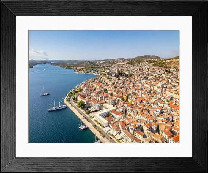 Framed Print : Sibenik, Croatia - July 31, 2024: Aerial view of Sibenik City with St James Cathedral in Croatia Framed Print : Sibenik, Croatia - July 31, 2024: Aerial view of Sibenik City with St James Cathedral in Croatia