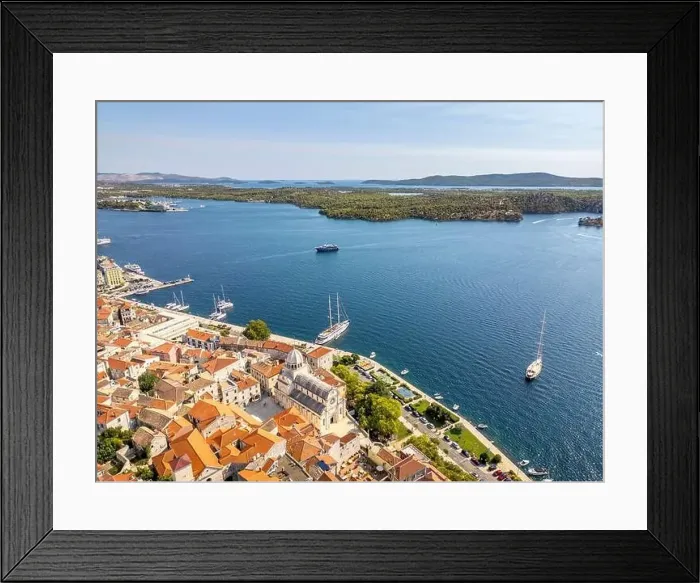 Framed Print : Sibenik, Croatia - July 31, 2024: Aerial view of Sibenik City with St James Cathedral in Croatia Framed Print : Sibenik, Croatia - July 31, 2024: Aerial view of Sibenik City with St James Cathedral in Croatia