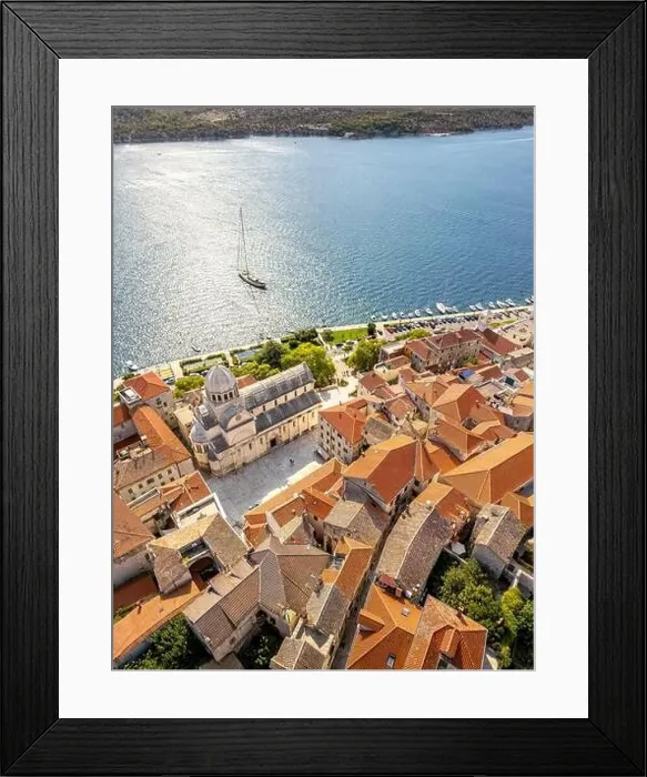 Framed Print : Sibenik, Croatia - July 31, 2024: Aerial view of Sibenik City with St James Cathedral in Croatia Framed Print : Sibenik, Croatia - July 31, 2024: Aerial view of Sibenik City with St James Cathedral in Croatia