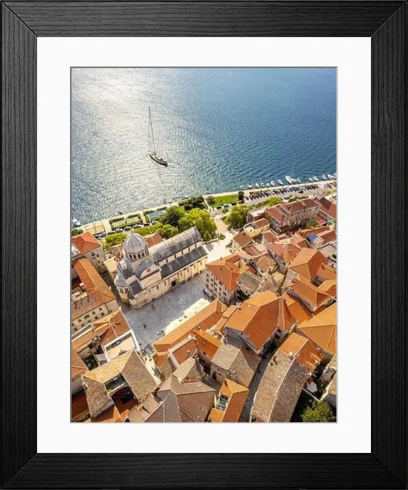 Framed Print : Sibenik, Croatia - July 31, 2024: Aerial view of Sibenik City with St James Cathedral in Croatia