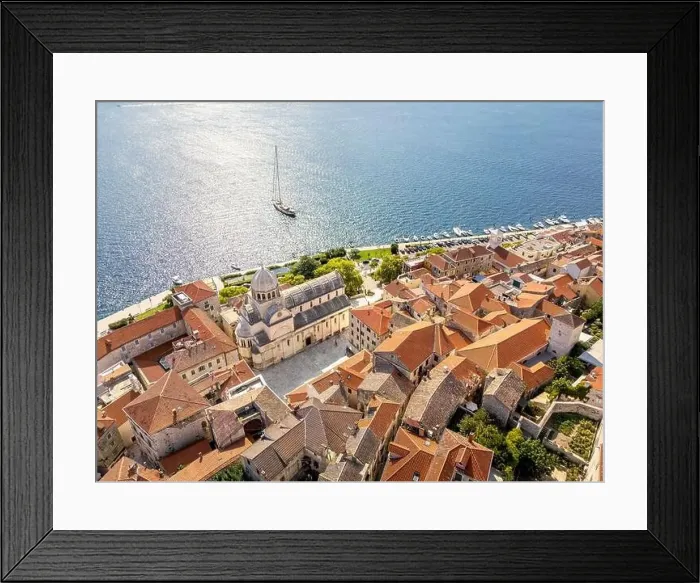 Framed Print : Sibenik, Croatia - July 31, 2024: Aerial view of Sibenik City with St James Cathedral in Croatia Framed Print : Sibenik, Croatia - July 31, 2024: Aerial view of Sibenik City with St James Cathedral in Croatia