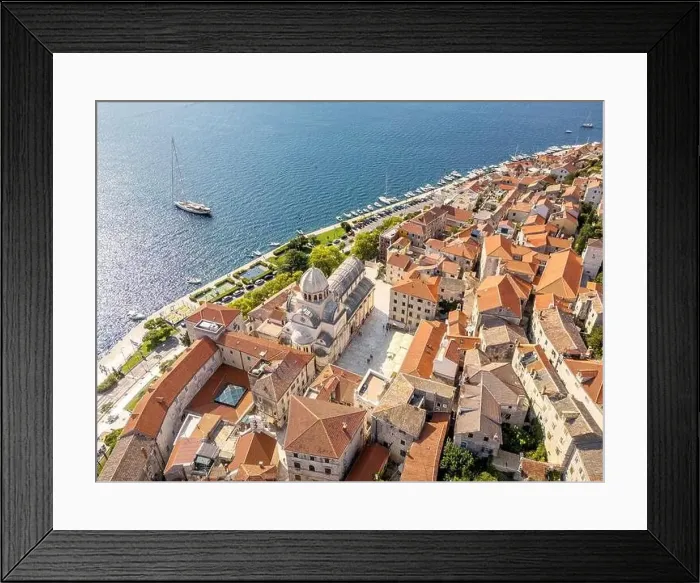 Framed Print : Sibenik, Croatia - July 31, 2024: Aerial view of Sibenik City with St James Cathedral in Croatia Framed Print : Sibenik, Croatia - July 31, 2024: Aerial view of Sibenik City with St James Cathedral in Croatia