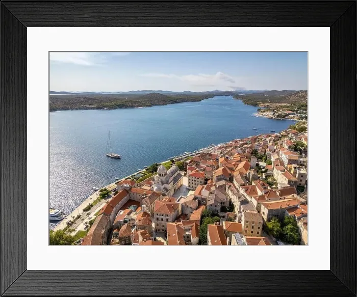 Framed Print : Sibenik, Croatia - July 31, 2024: Aerial view of Sibenik City with St James Cathedral in Croatia Framed Print : Sibenik, Croatia - July 31, 2024: Aerial view of Sibenik City with St James Cathedral in Croatia
