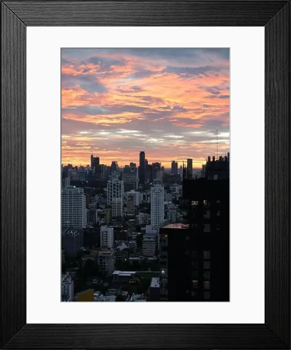 Framed Print : Bangkok at sunset with beautiful orange skies and view of a swimming pool in a rooftop, Thailand Framed Print : Bangkok at sunset with beautiful orange skies and view of a swimming pool in a rooftop, Thailand