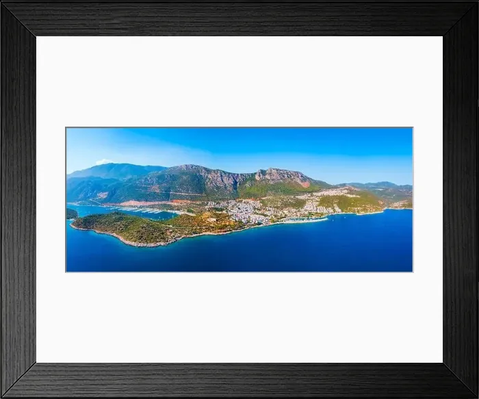 Framed Print : Kas city aerial panoramic view. Kas or Kash is a small seaside resort town in Antalya Province in Turkey