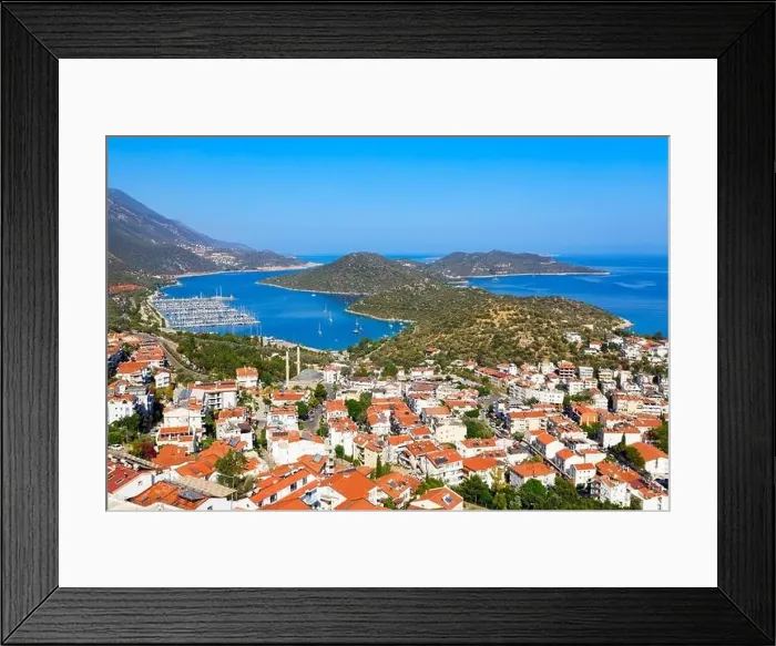 Framed Print : Kas city aerial panoramic view. Kas or Kash is a small seaside resort town in Antalya Province in Turkey