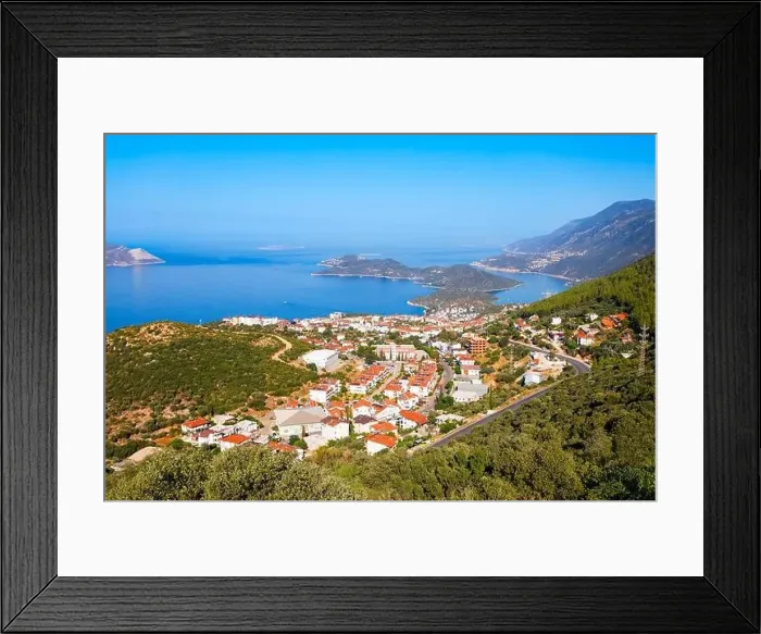 Framed Print : Kas city aerial panoramic view. Kas or Kash is a small seaside resort town in Antalya Province in Turkey
