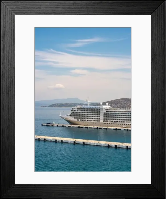 Framed Print : The cruise ship is located on Kusadasi Island in the port of Kusadasi, Turkey