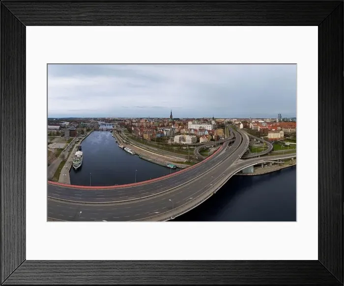 Framed Print : Aerial view of Chrobry Shafts, moored ships on the Oder River and castle like buildings of National Museum Framed Print : Aerial view of Chrobry Shafts, moored ships on the Oder River and castle like buildings of National Museum