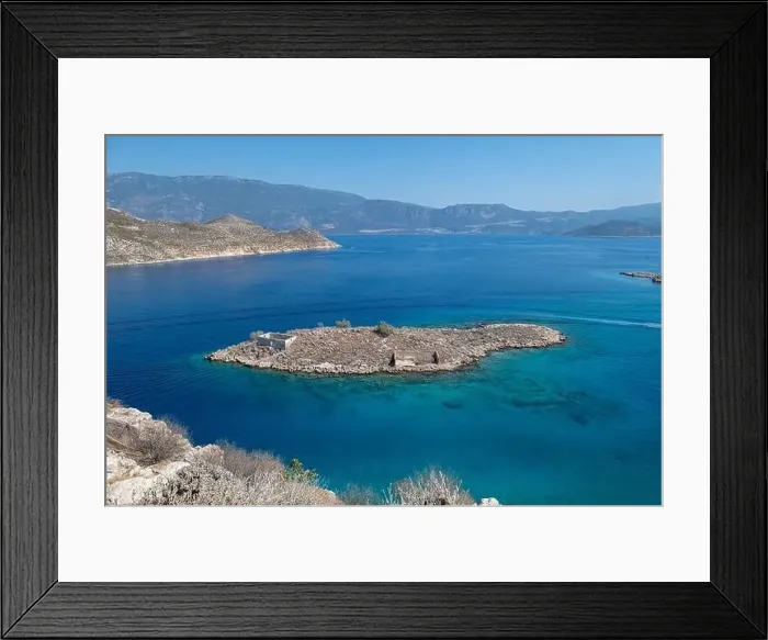 Framed Print : Clear, turquoise blue sea and small islands in the Aegean. The Greek island of Kastellorizo Framed Print : Clear, turquoise blue sea and small islands in the Aegean. The Greek island of Kastellorizo