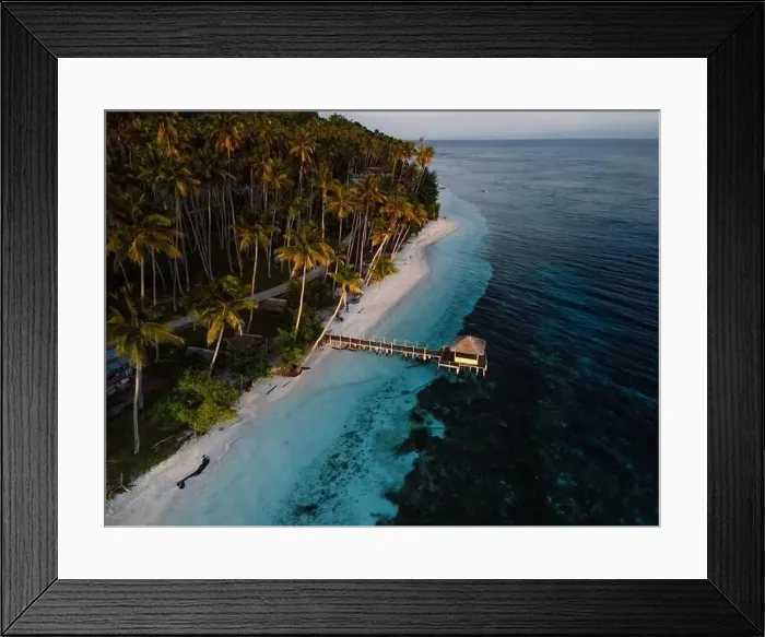 Framed Print : Paradise coastline with coconut palm trees, mountains on sunrise in Indonesia. Travel destination concept Framed Print : Paradise coastline with coconut palm trees, mountains on sunrise in Indonesia. Travel destination concept