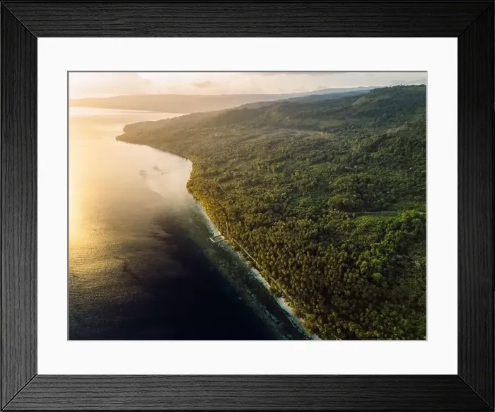 Framed Print : Paradise coastline landscape with mountains and sunrise sunshine on scenic tropical island in Indonesia